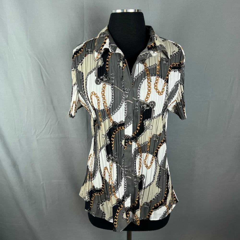 Jaclyn Smith Tunic Top Womens Large Multicolor Chain Print Collared Button Front